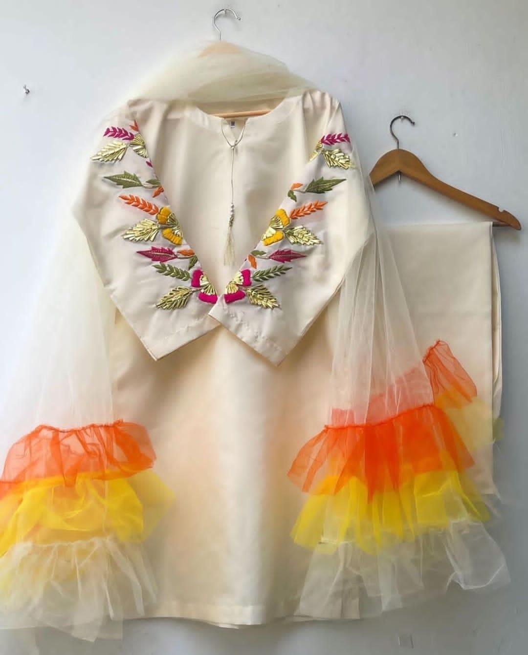 Stunning Women's Stitched Suit Set - 3 Pcs with Embroidered Katan Silk