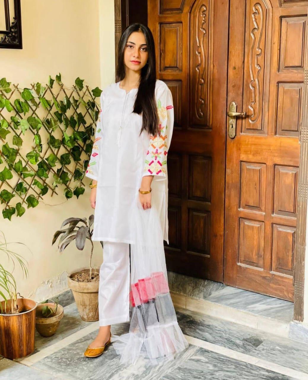 Stunning Women's Stitched Suit Set - 3 Pcs with Embroidered Katan Silk