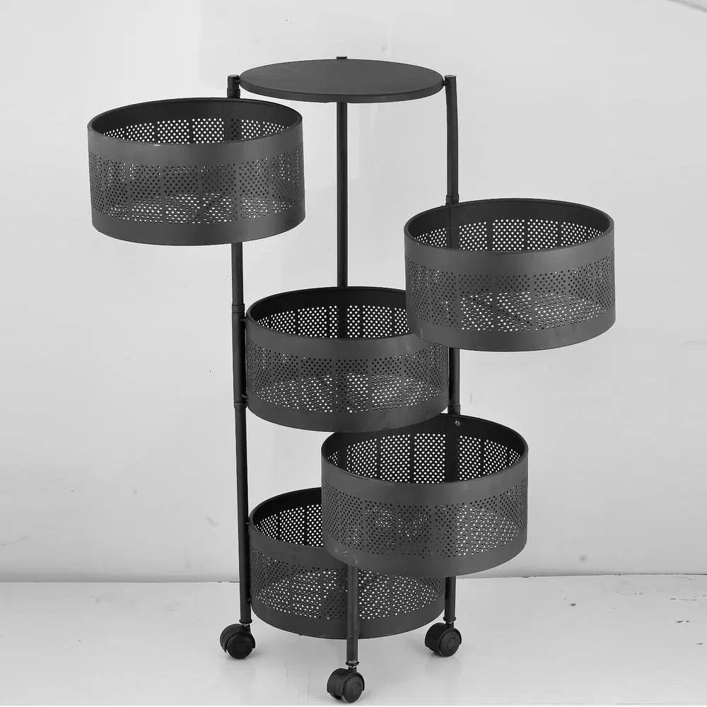 Look Loom black 5 tier fruit basket organizer with perforated metal baskets and caster wheels