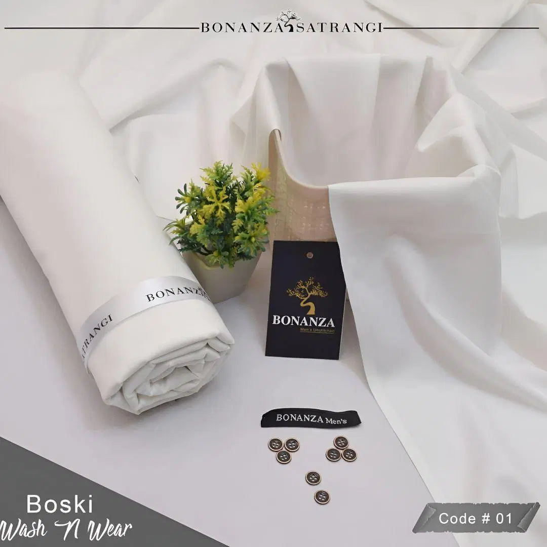 Bonanza white fabric set with buttons and tags for men’s unstitched wash and wear suit