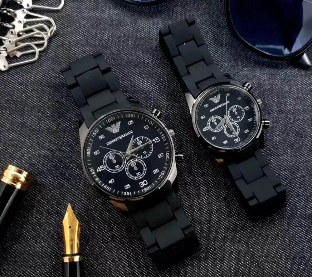Look Loom black silicone strap pair of couple chronograph watches with black dials and silver accents