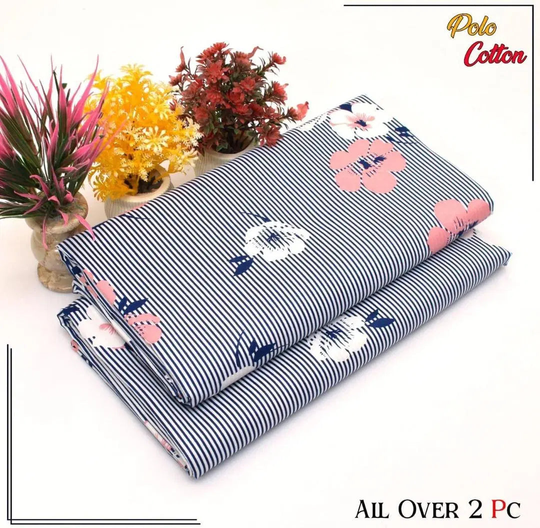 Look loom women suit cotton fabric dress material set with navy blue stripes and floral print