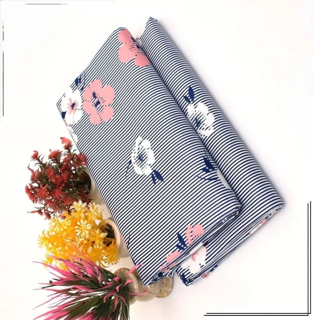 Look loom women suit cotton fabric dress material set with floral and striped design in blue white and pink