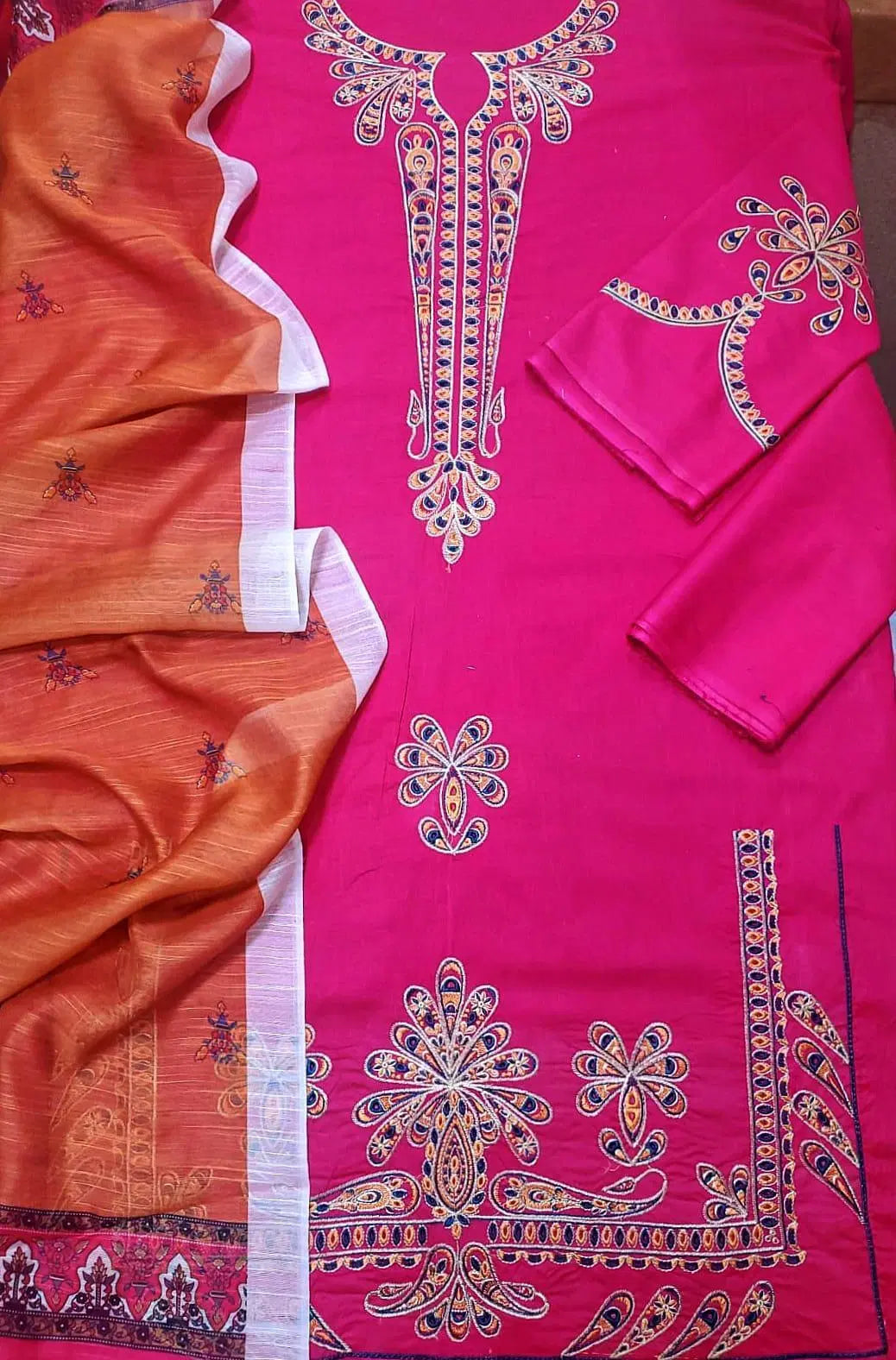 Look loom 3 piece embroidered suit set in pink with detailed floral embroidery and orange dupatta