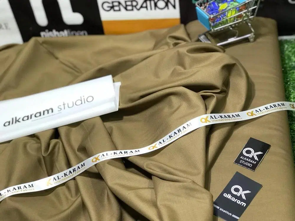 Look Loom men's unstitched wash and wear suit fabric draped olive brown with Al Karam studio tags and mini cart