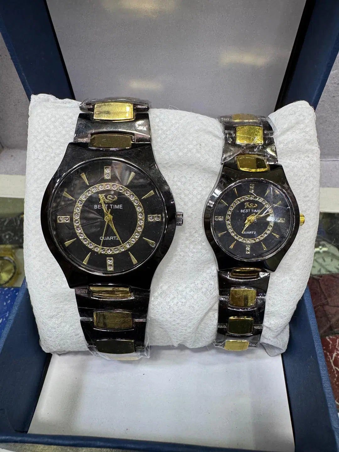 Look Loom black and gold stainless steel couple watches set with crystal hour markers in gift box