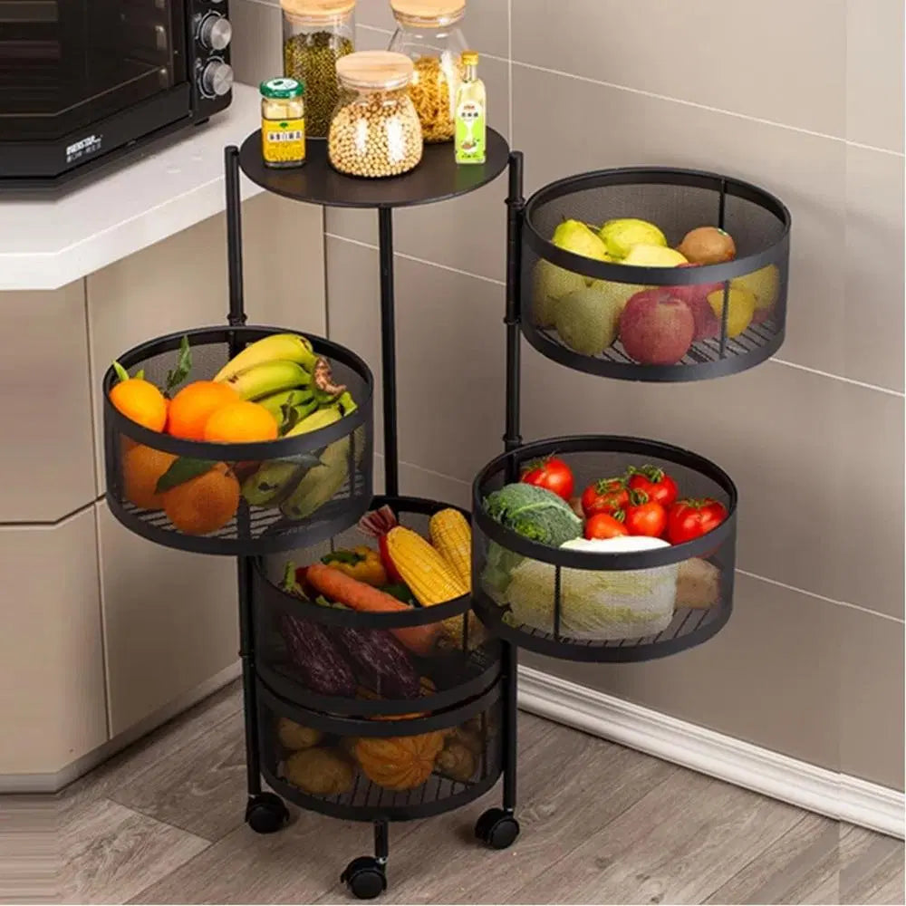 Look Loom 5 tier fruit basket organizer with black metal baskets holding fruits and vegetables in kitchen corner