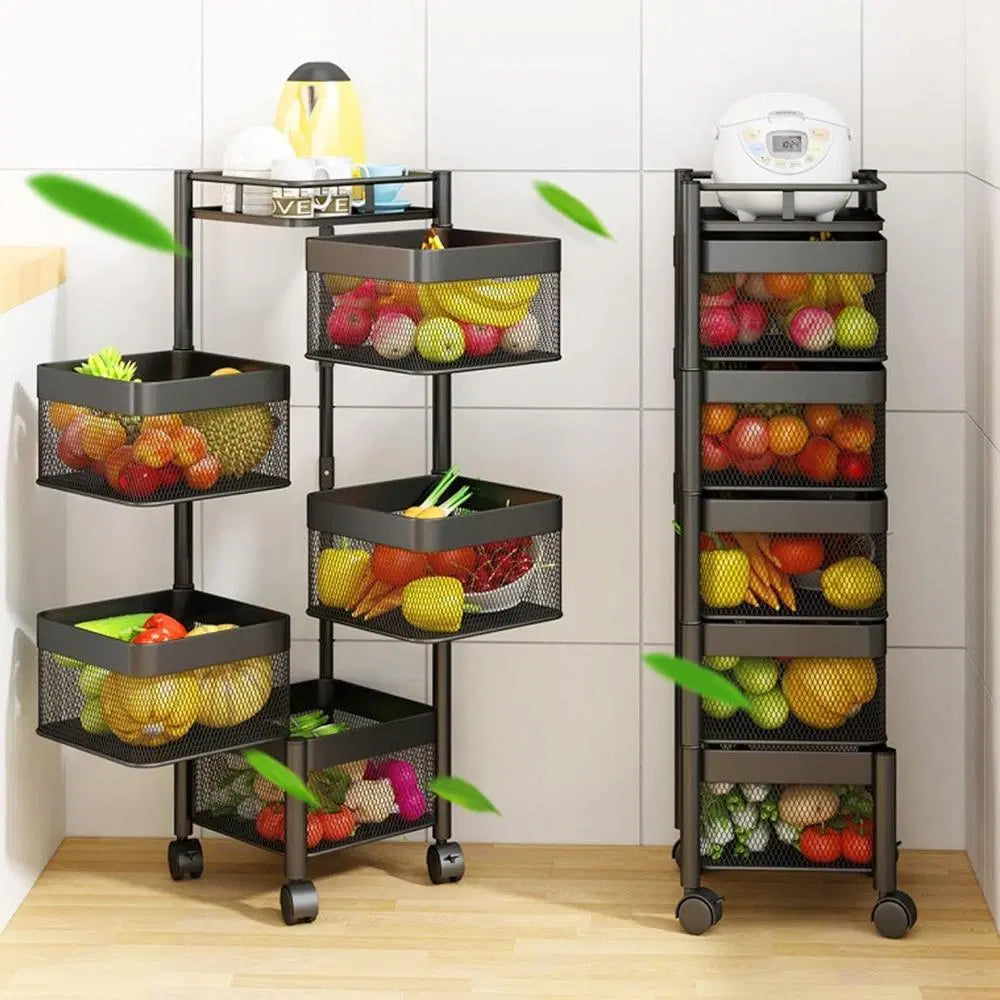 Look Loom 5 tier fruit basket organizer in black metal with mesh baskets and wheels for kitchen storage