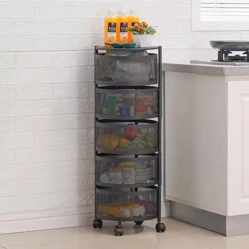 Look Loom 5 tier fruit basket organizer in black metal mesh with wheels holding fruits and kitchen items