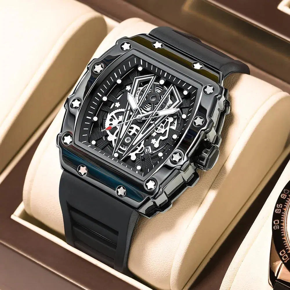 Look loom black sporty men's watch with square skeleton dial and black rubber strap