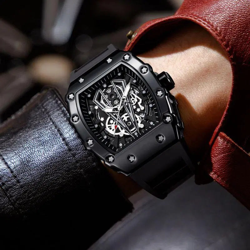 Look loom black sporty men's watch with a rugged black strap and detailed mechanical dial