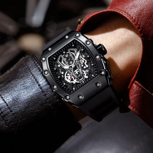 Look loom black sporty men's watch with a rugged black strap and detailed mechanical dial