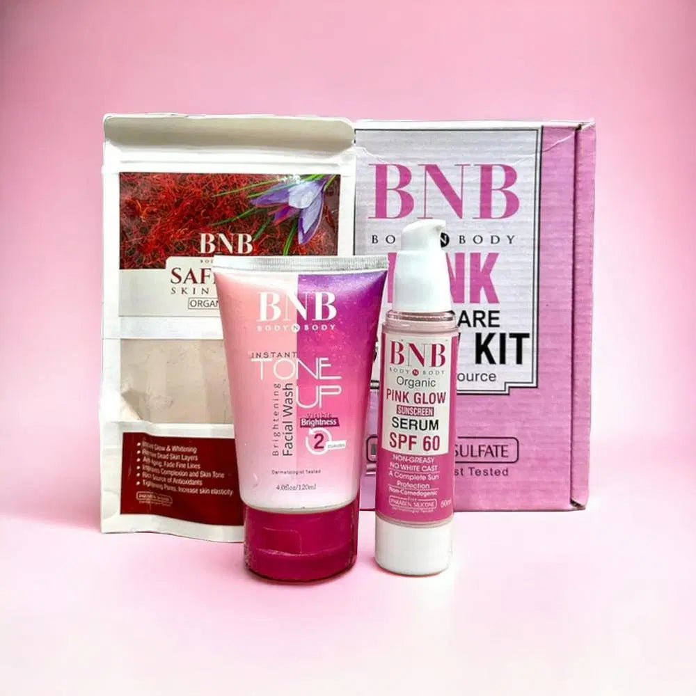 BNB pink glow kit with SPF 60 Pink Glow serum tone up facial wash and saffron soap in pink box