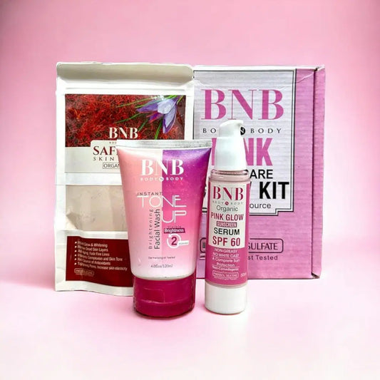 BNB pink glow kit with SPF 60 Pink Glow serum tone up facial wash and saffron soap in pink box