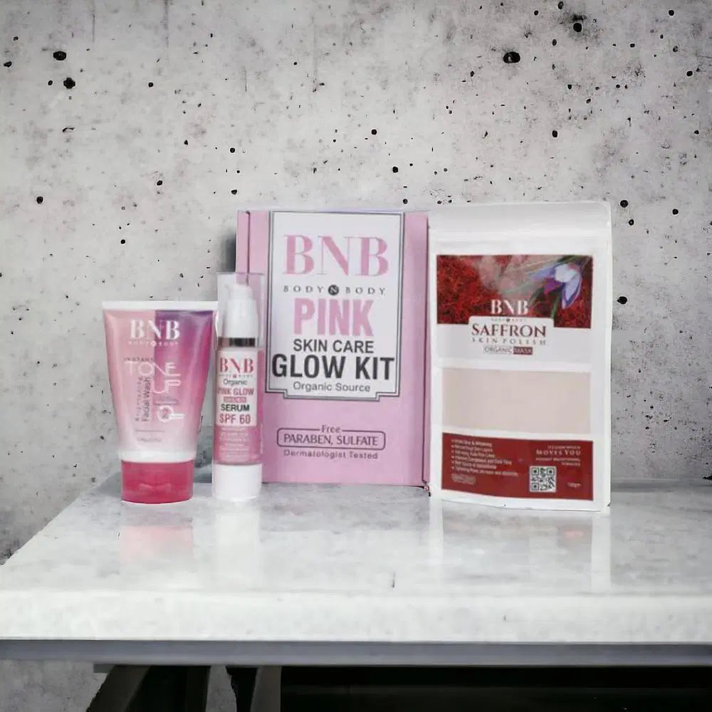Look Loom pink glow kit skincare set with cleanser serum and saffron mask for radiant skin