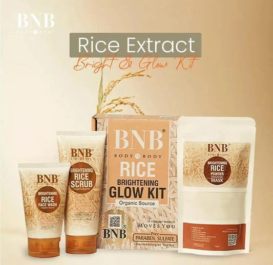 Look Loom rice skincare bundle featuring BNB brightening rice scrub face wash and glow kit