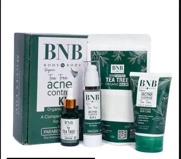 Look Loom tea tree skincare kit acne control set with face wash serum mask and gel in green packaging