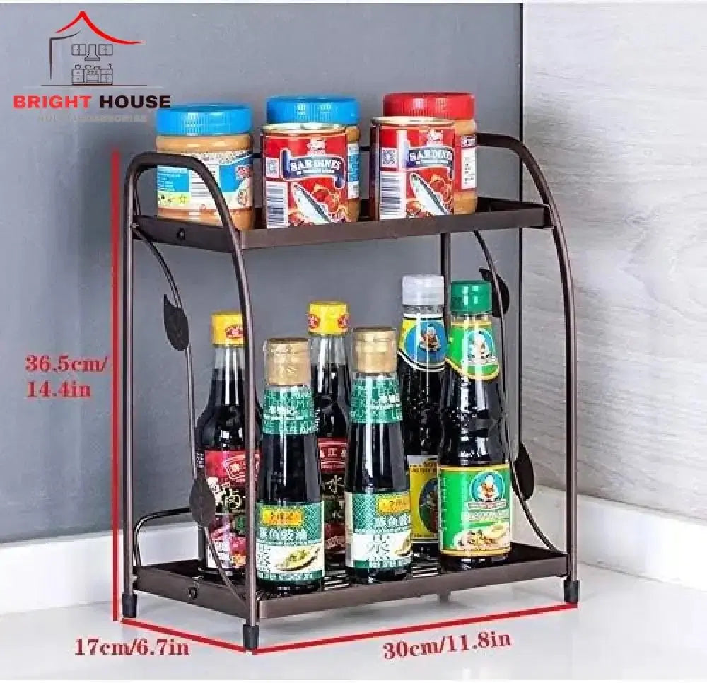 Look loom kitchen spice rack organizer with two tiers holding jars and bottles for kitchen storage