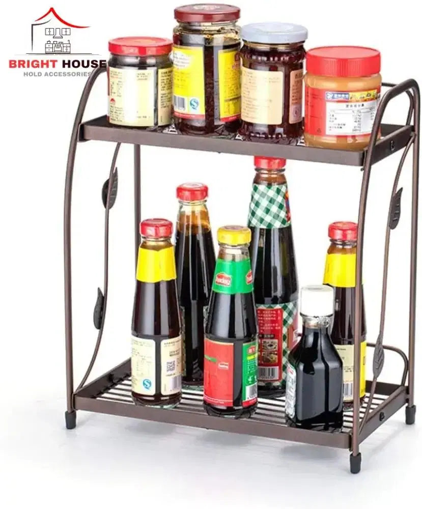 Look loom kitchen spice rack organizer with two-tier metal shelves holding jars and bottles