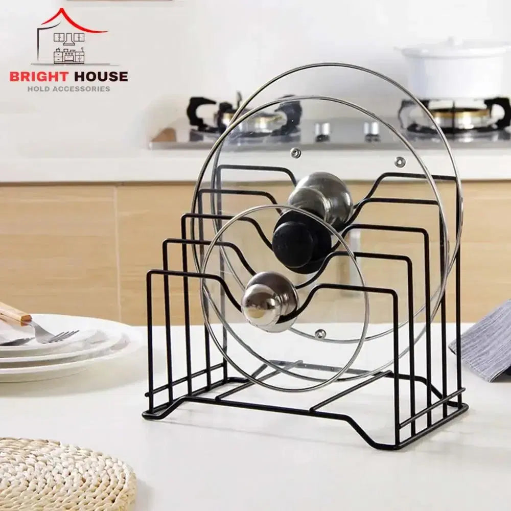 Look Loom kitchen cutlery organizer black metal rack holding glass pot lids on white kitchen counter