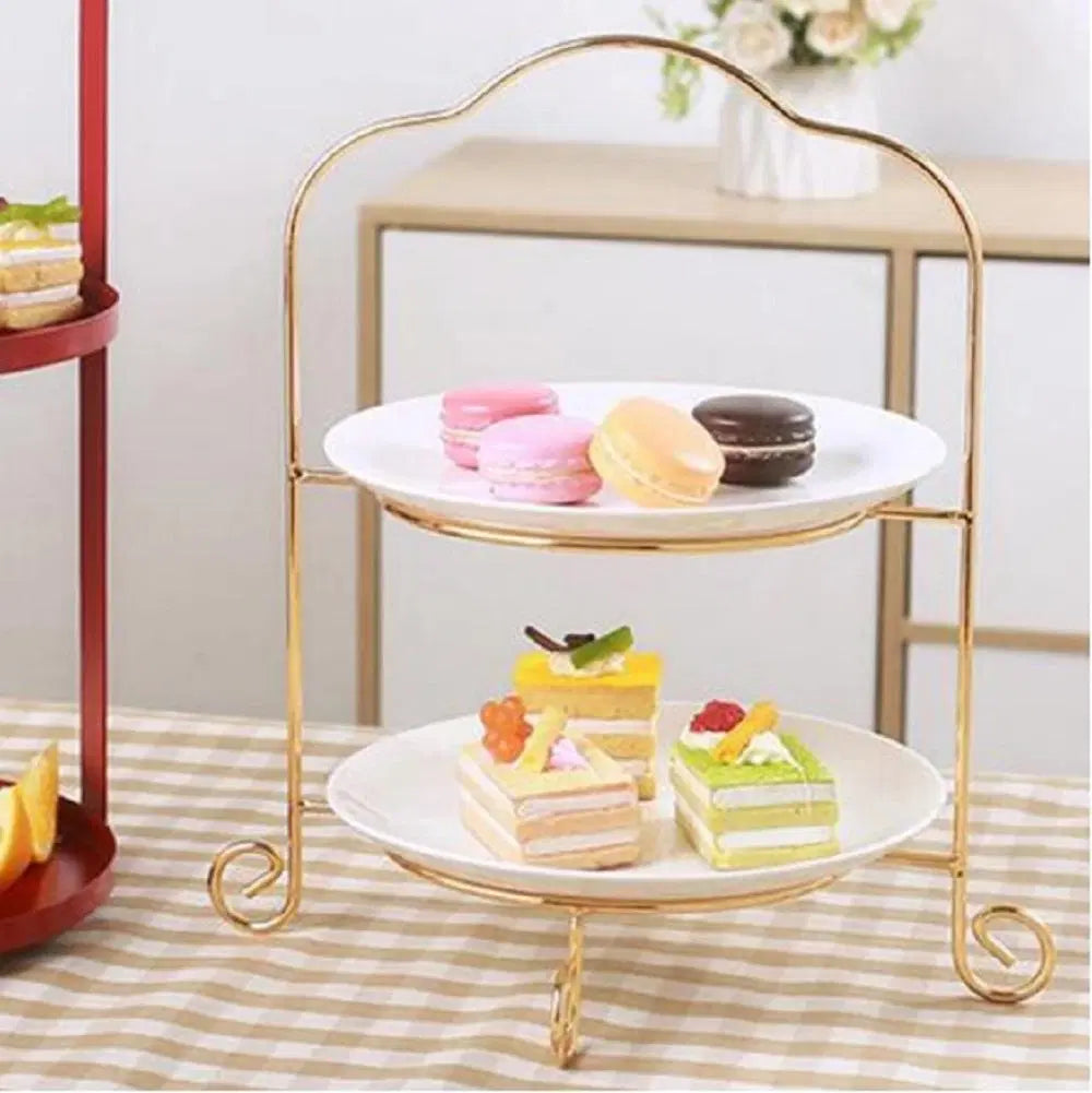 Look Loom gold melamine serving trays two tier dessert stand with white plates and assorted macarons and cakes