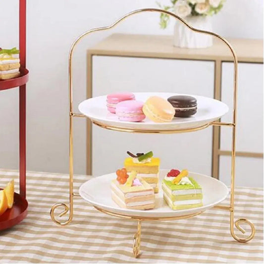 Look Loom gold melamine serving trays two tier dessert stand with white plates and assorted macarons and cakes