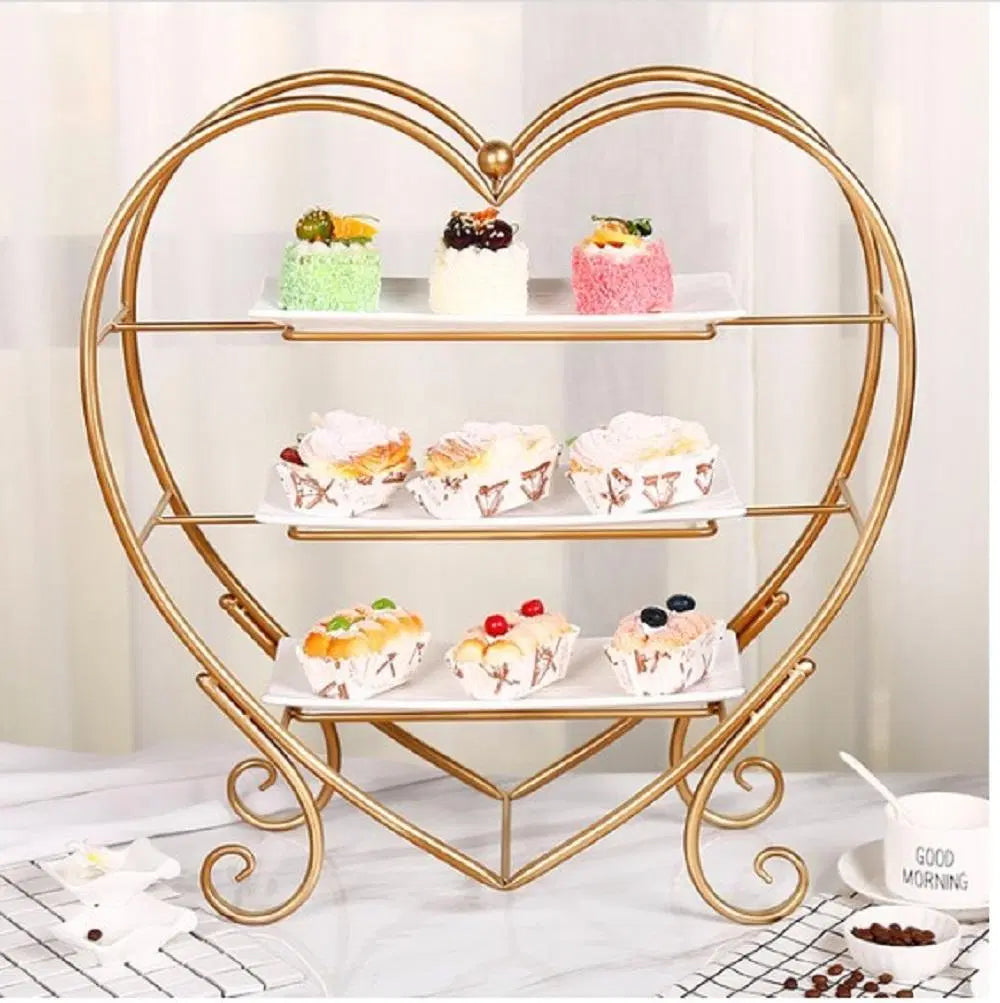 Look Loom golden melamine tray set heart shaped three tier gold stand with white trays and pastries