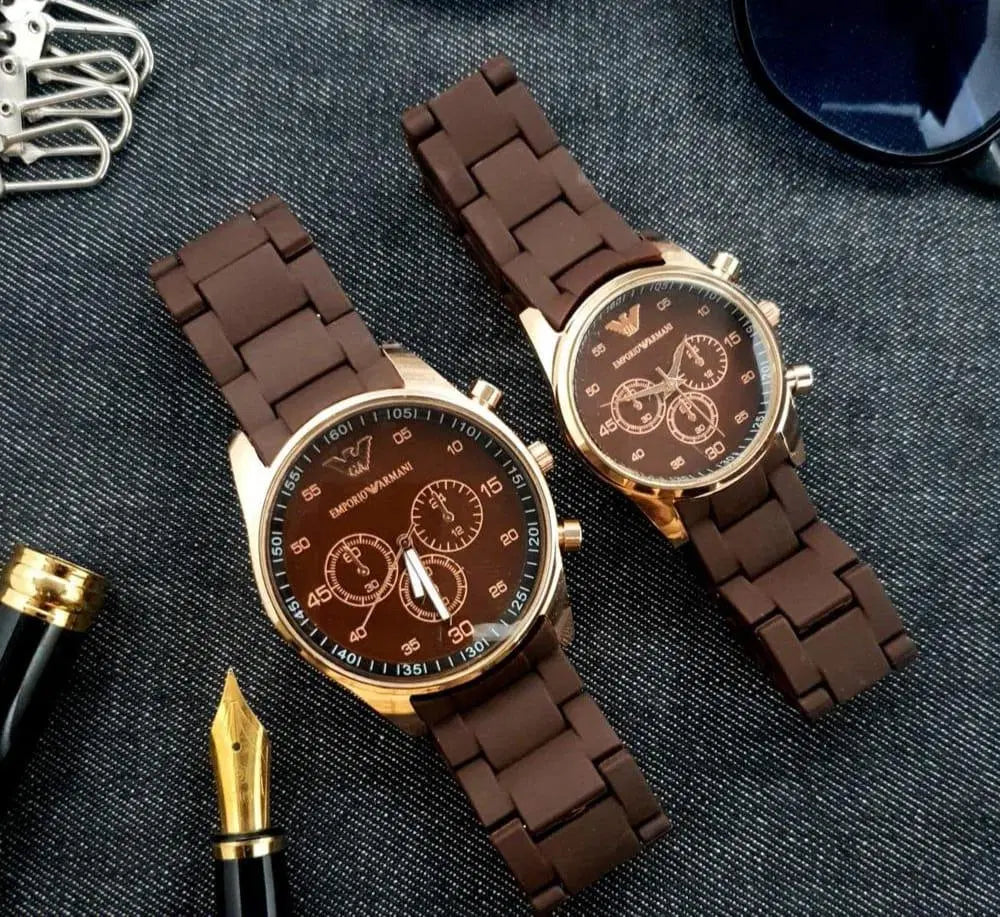 Look Loom brown and gold couple chronograph watches with silicone straps on denim background