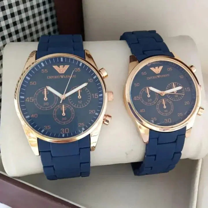 Look Loom couple chronograph watches blue dials gold cases with blue silicone straps his and hers set