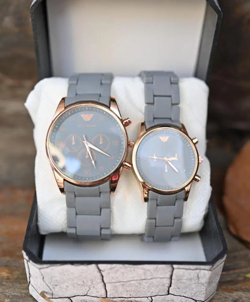 Look Loom couple's chronograph watches with gray silicone straps and rose gold cases in a gift box