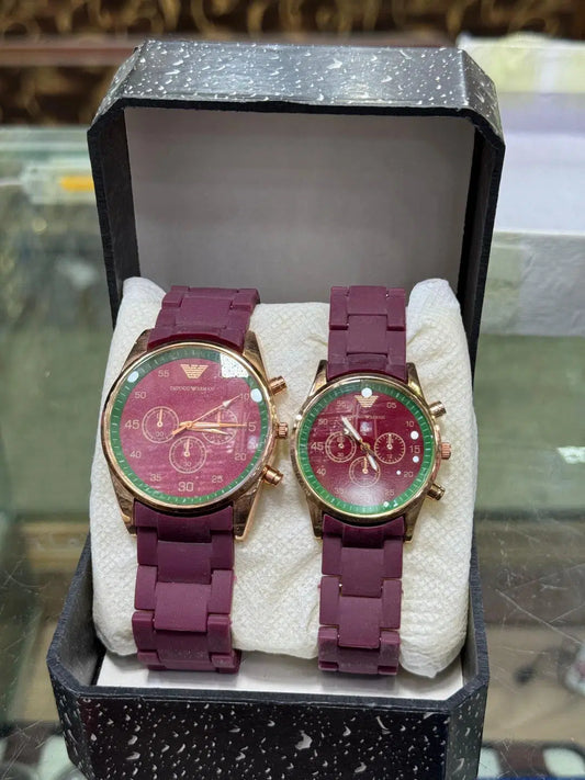 Look loom matching couple watches with purple straps and gold-tone cases in black gift box