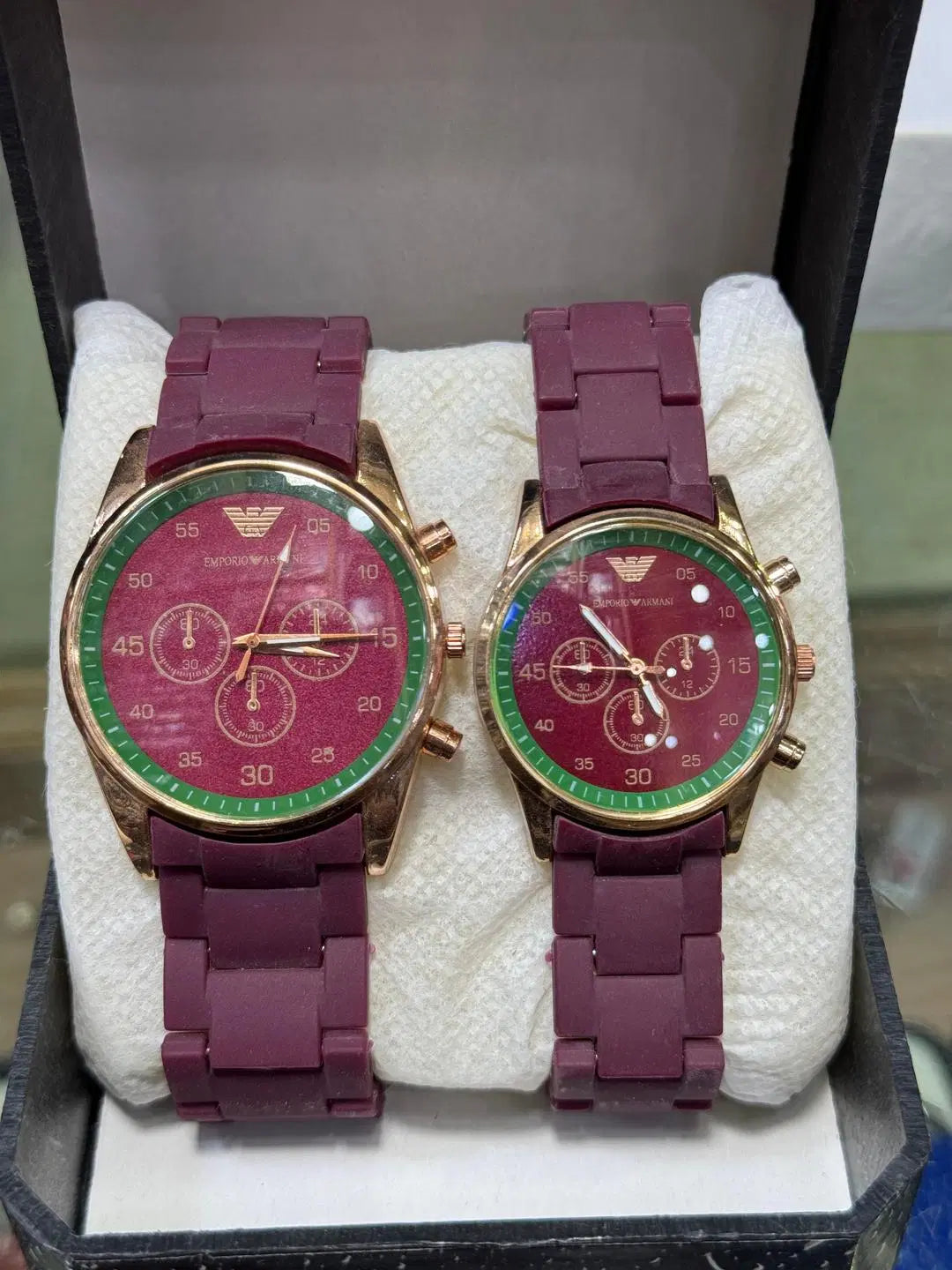 Look loom matching couple watches with maroon straps and gold round dials in gift box