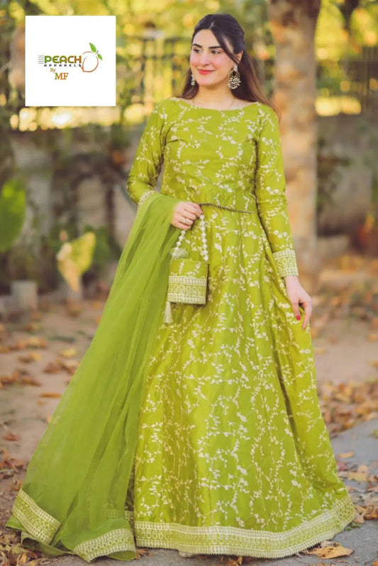 Look Loom women's katan silk embroidered lehenga choli green full sleeve embroidered suit with dupatta