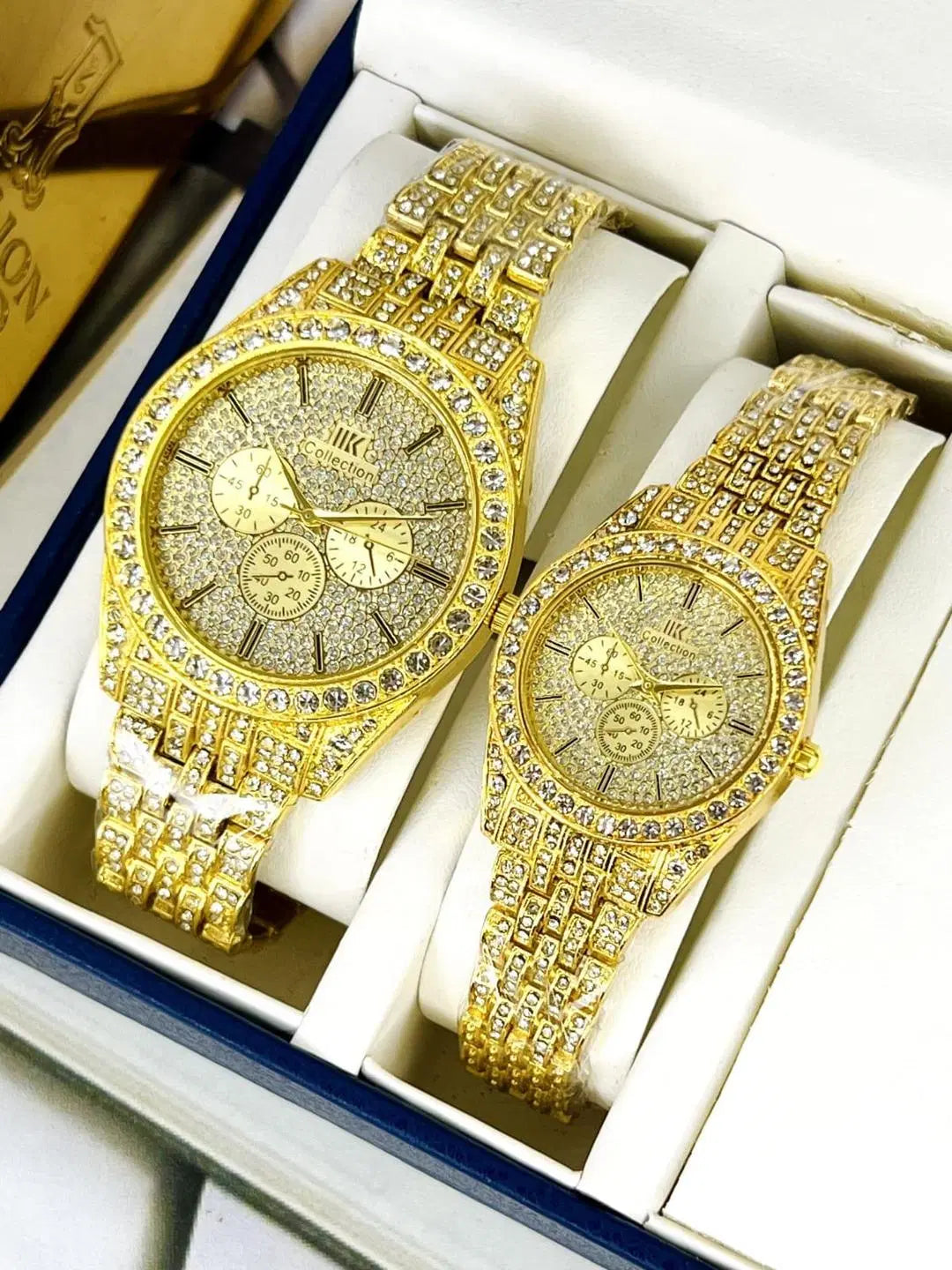Look loom gold stainless steel couple watches with crystal-studded dials in a gift box