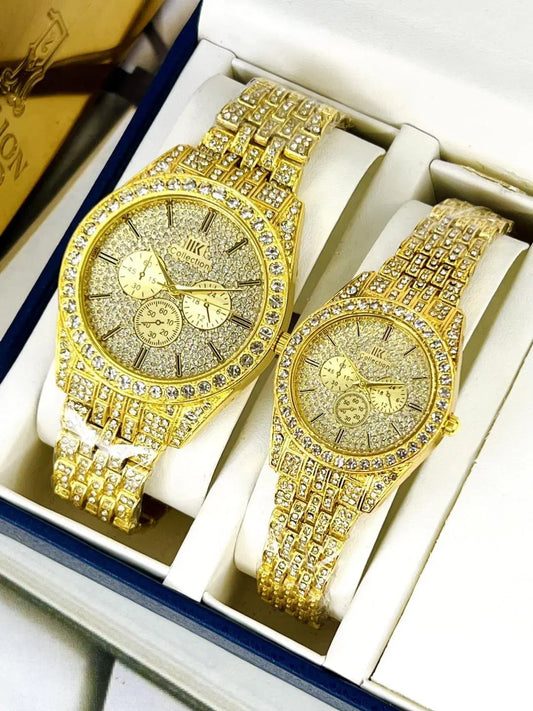 Look loom gold stainless steel couple watches with crystal-studded dials in a gift box