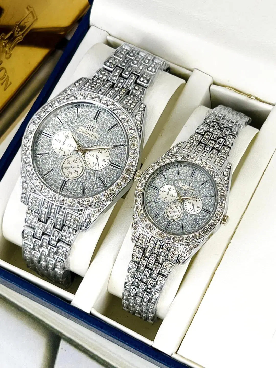 Look loom gold stainless steel couple watches with crystal-studded silver bands in gift box