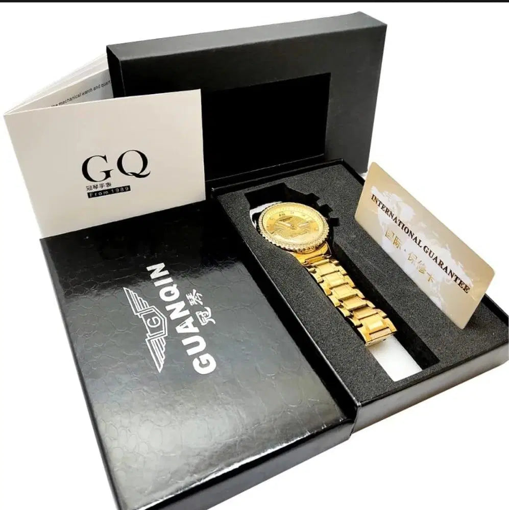 Look Loom men's gold formal watch in black presentation box with warranty card and user booklet