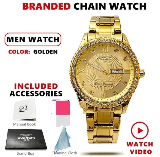 Look Loom men's gold formal watch with gold chain bracelet, crystal bezel and day date window