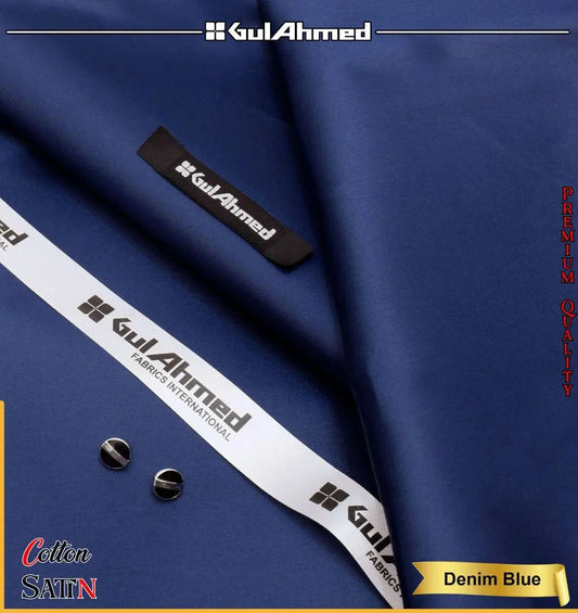 Look Loom men's unstitched cotton suit fabric denim blue satin folded with tags and buttons for tailoring
