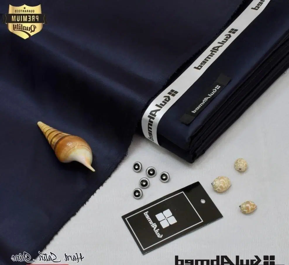 Look Loom navy blue folded fabric for men’s unstitched cotton suit with brand tag and buttons