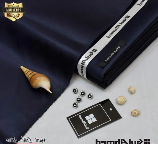 Look Loom navy blue folded fabric for men’s unstitched cotton suit with brand tag and buttons