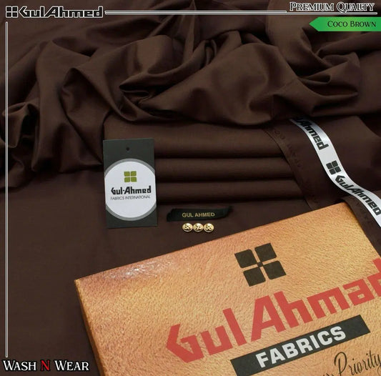 Coco brown men's unstitched suit fabric neatly folded with labels buttons and GulAhmed packaging box