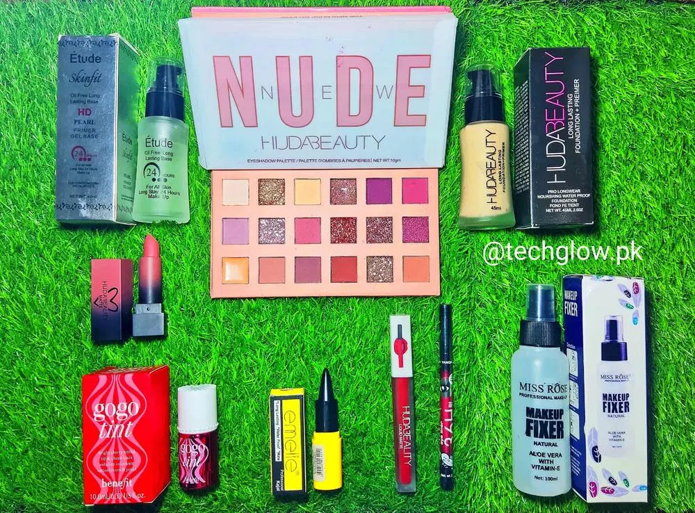 Look Loom 9 in 1 makeup set flat lay with nude eyeshadow palette lipsticks liners mascara and makeup fixers on grass