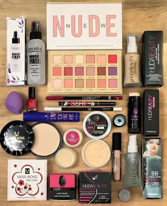 Look Loom 15 in 1 makeup set flatlay with nude eyeshadow palette foundation powders lipsticks and tools