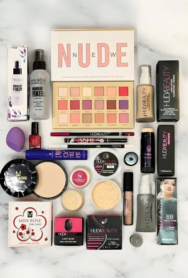 Look Loom 15 in 1 makeup set flat lay with nude eyeshadow palette foundation powders brushes sponge