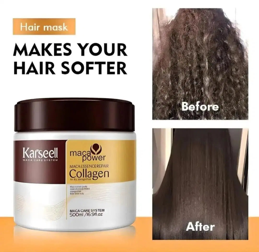 Look Loom 3 in 1 rice skincare bundle featuring Karseell Collagen Hair Mask with before and after hair softening results