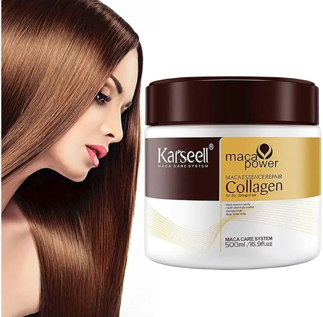 Look Loom 3 in 1 rice skincare bundle featuring Karseell Maca Power Collagen hair repair cream with smooth shiny hair