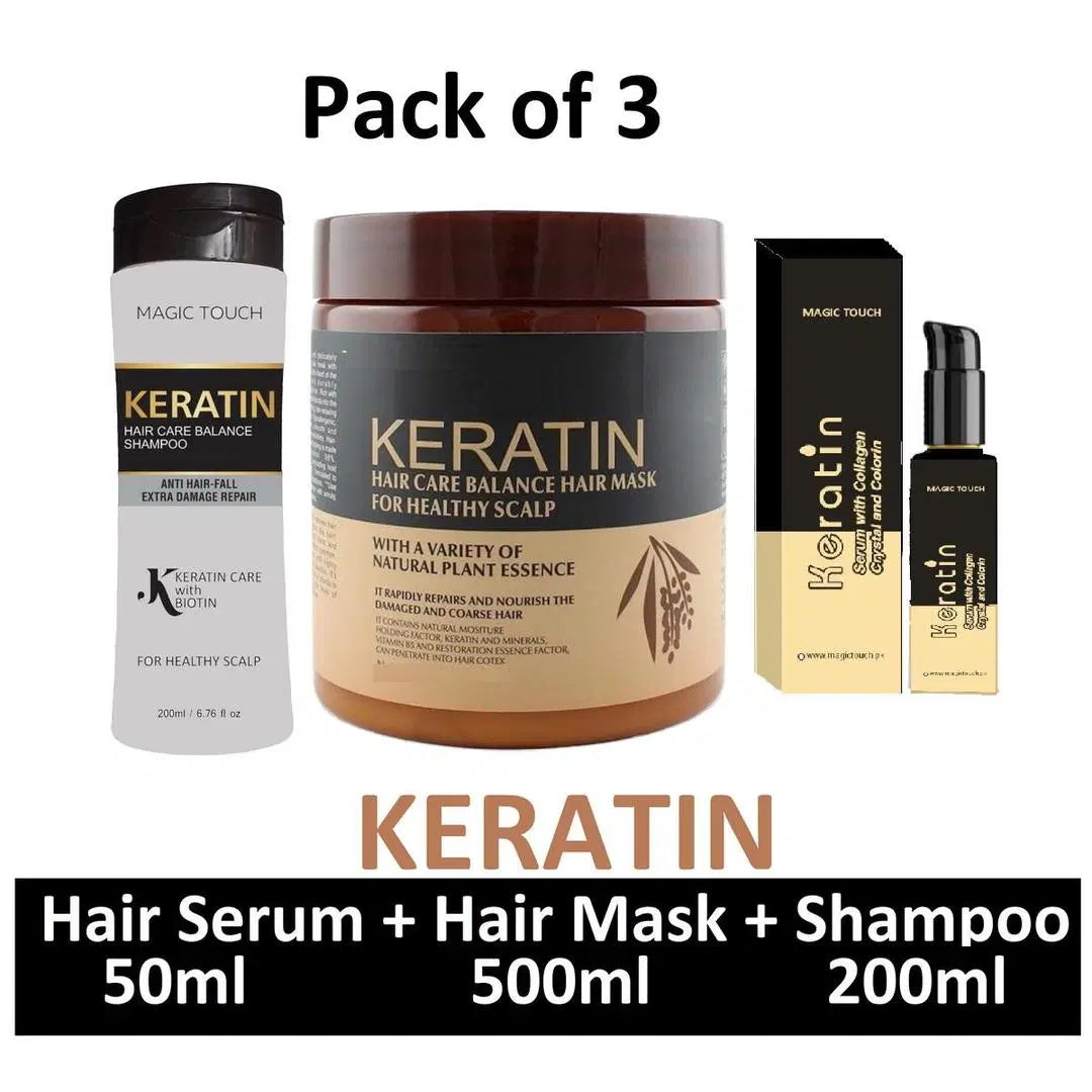 Look Loom 3 in 1 hair treatment kit with keratin shampoo 200ml, hair mask 500ml, and hair serum 50ml