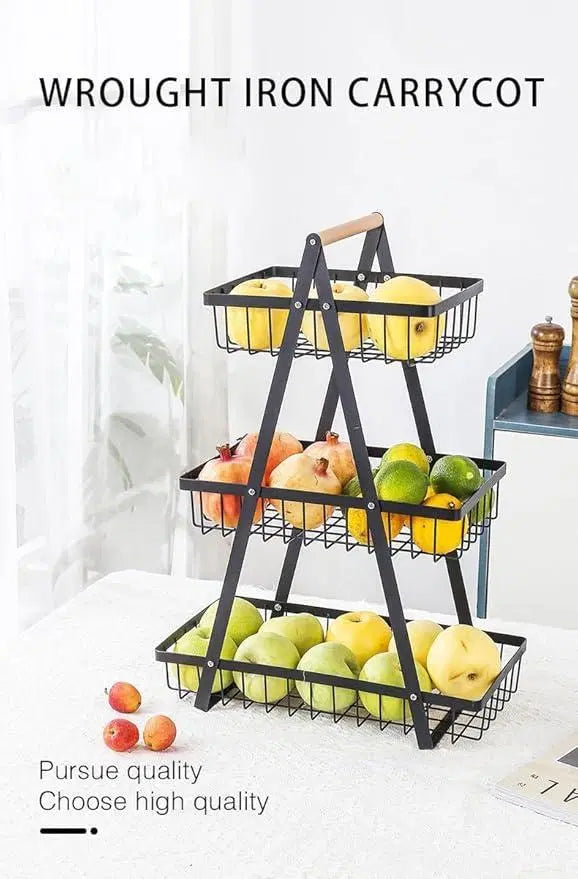 Look Loom kitchen countertop fruit basket wrought iron three-tier stand holding assorted fruits