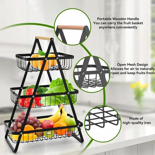 Look Loom kitchen countertop fruit basket with three-tier black metal mesh design and wooden handle